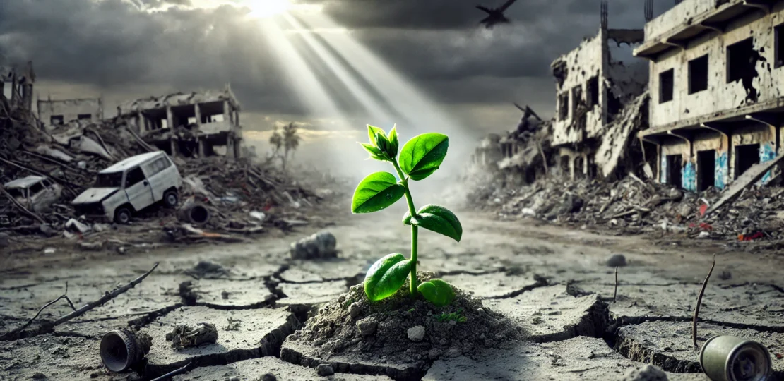 DALL·E 2024-12-15 23.22.08 – A realistic depiction of hope amidst war, featuring a small green plant sprouting from cracked, barren earth in a war-torn landscape. The background s