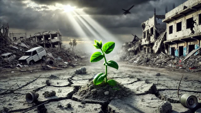 DALL·E 2024-12-15 23.22.08 - A realistic depiction of hope amidst war, featuring a small green plant sprouting from cracked, barren earth in a war-torn landscape. The background s